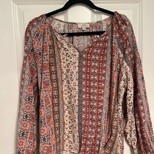LOFT Brown and Orange Relaxed Patterned Blouse